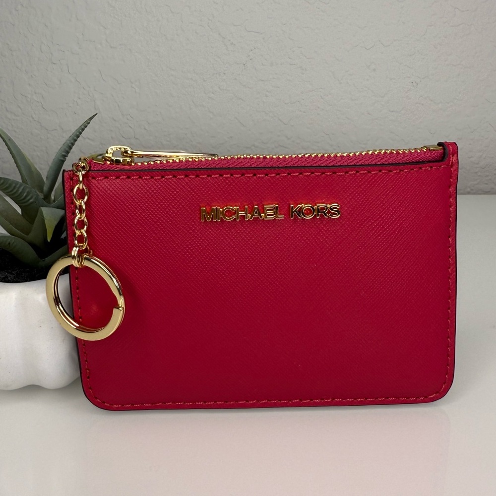 MICHAEL KORS Jet Set Travel Coinpouch Key Wallet in Carmine Pink NWT - Picture 2 of 7